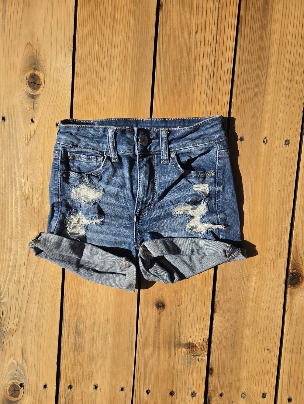 American Eagle Outfitters Medium Blue Distressed Cuffed Denim Shorts